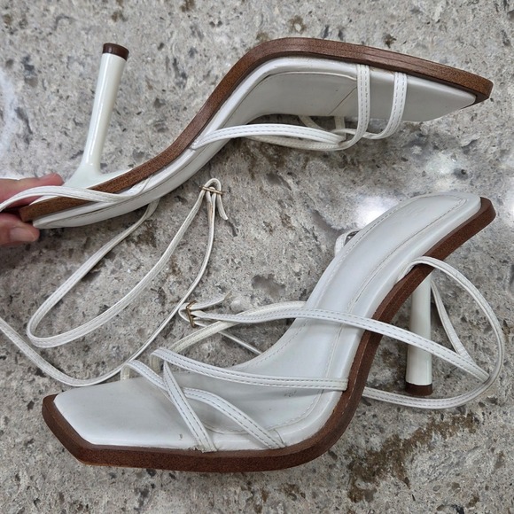 Zara White Heeled Sandals Square Toe Ankle Strap Minimalist‎ Size 39 - Picture 7 of 12